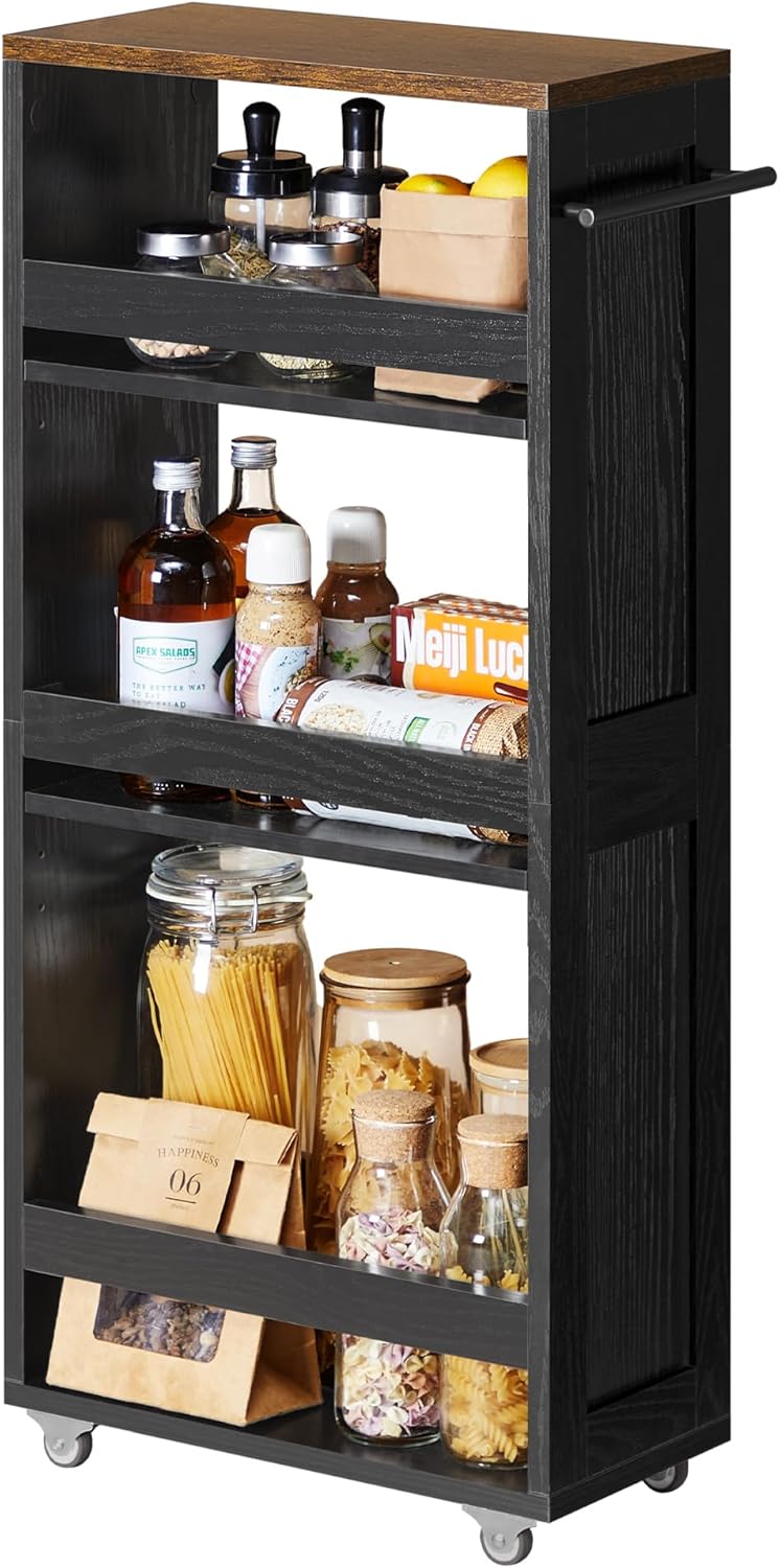 VASAGLE 4-Tier Slide-Out Storage Cart, Slim Kitchen Cart for Small Spaces, with Wheels, Handle, Bathroom, Laundry Room, 5.9 x 17 x 34.1 Inches, Rustic White and Honey Brown ULRC050K01