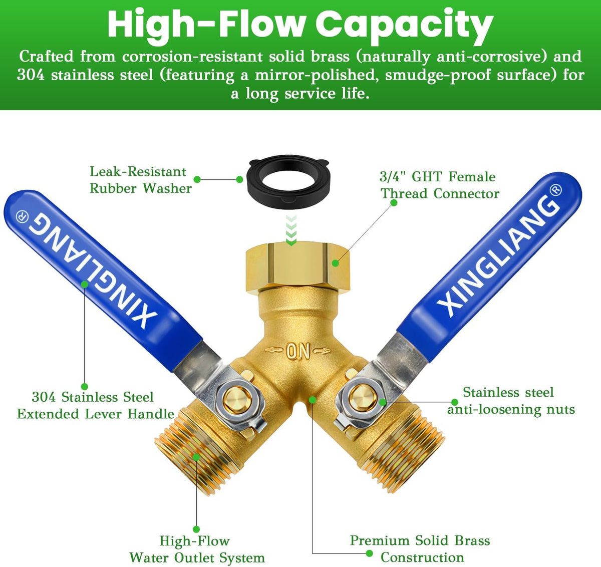 Hose Splitter, Garden Hose Splitter 2 Way with 304 Stainless Steel Long Handle, Heavy Duty Outdoor Brass Hose Splitter Y Tap Splitter 4" Extra Long Metal Handle, 3/4" GHT Thread