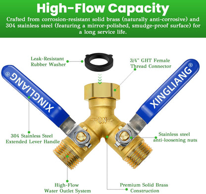 Hose Splitter, Garden Hose Splitter 2 Way with 304 Stainless Steel Long Handle, Heavy Duty Outdoor Brass Hose Splitter Y Tap Splitter 4" Extra Long Metal Handle, 3/4" GHT Thread