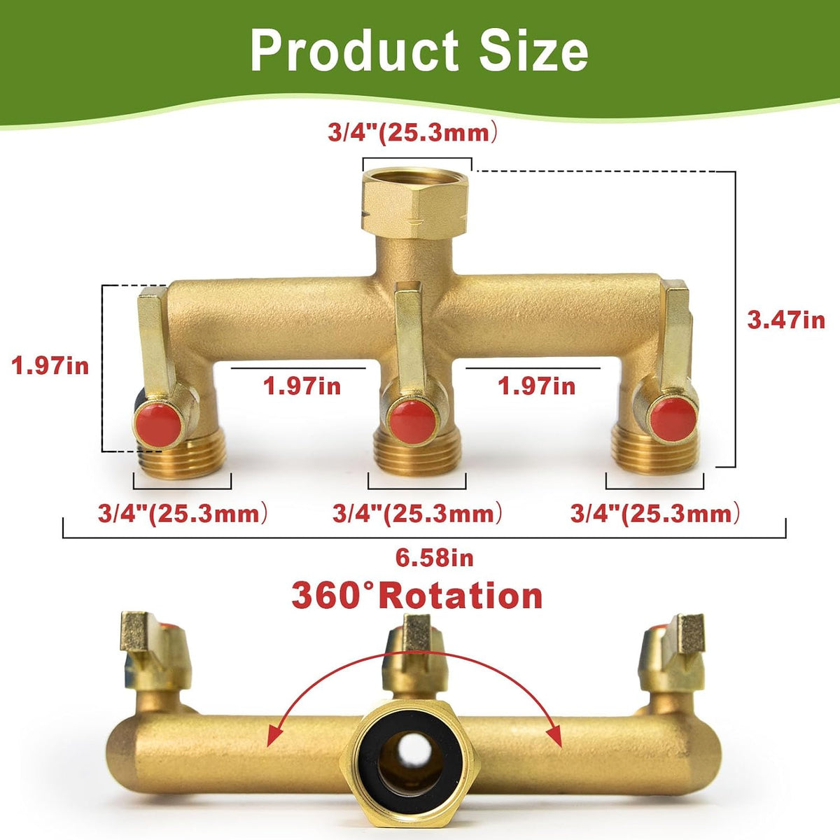 Brass Garden Hose Splitter 2/3/4 Way，Hose y Splitter with Shutoff，Heavy Duty Outdoor Faucet and Garden Connector，Extension Handles，3/4” GHT Threads