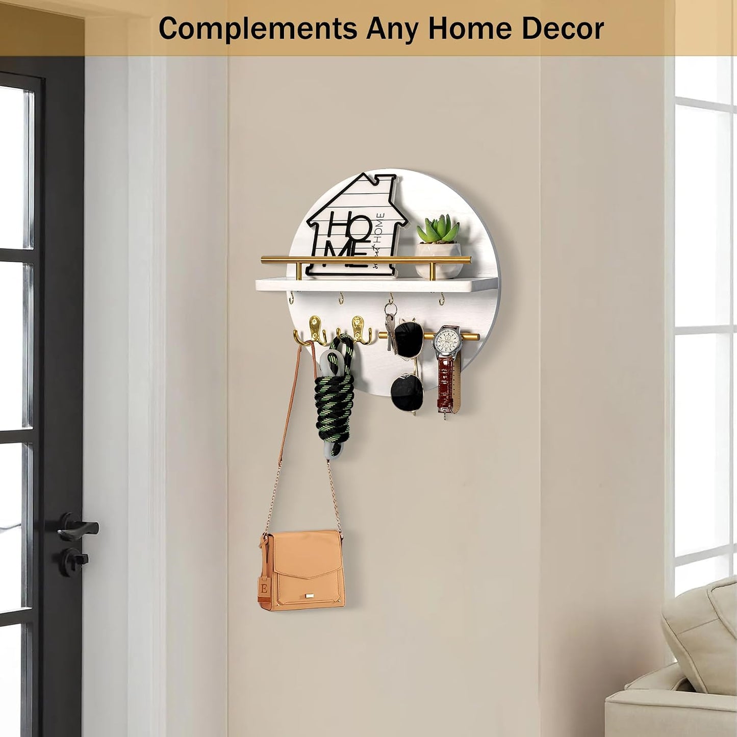 dreampossible Key Holder for Wall Decorative with Shelf and Hooks, Mail Organizer Wall Mount, Circular Design Entryway Key Rack Hanger, Rustic Home Decor (Black)