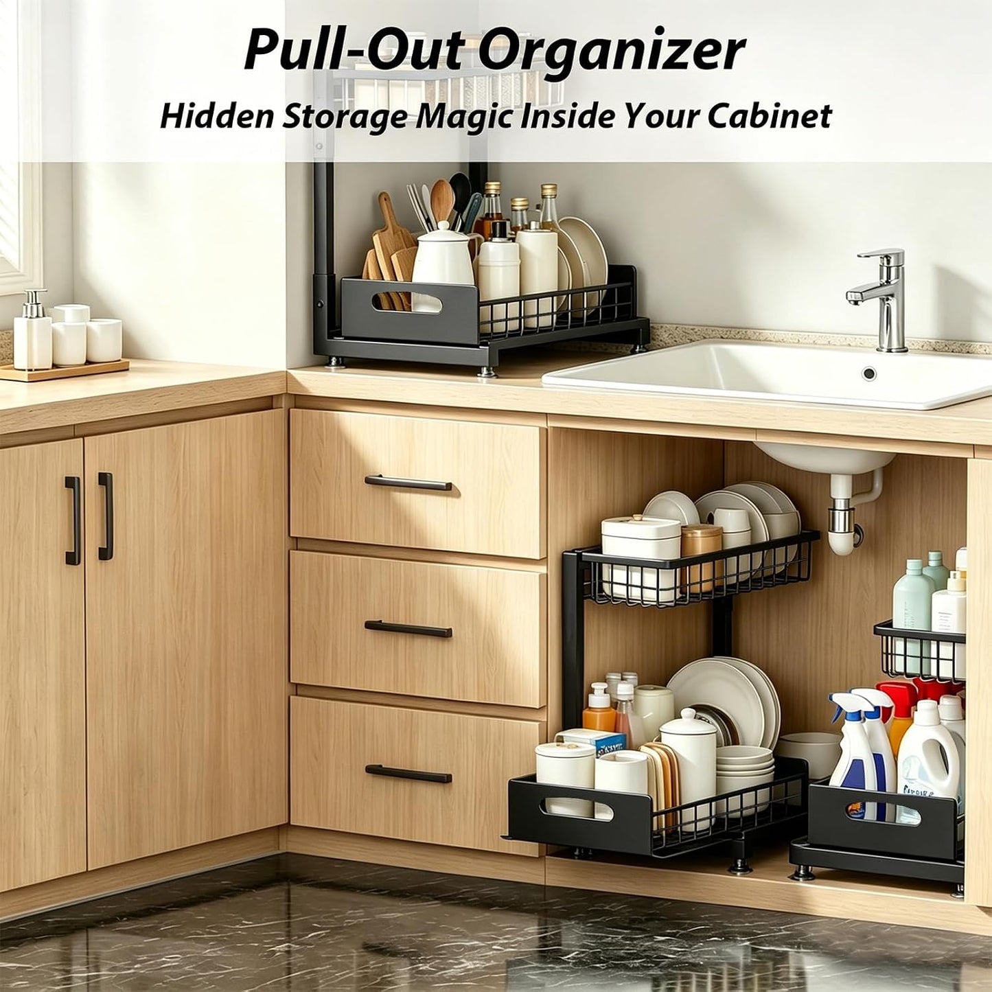 2 Pack Under Sink Organizer, 3-Tier Pull Out Kitchen Cabinet Organizer with 5 Adjustable Heights Metal Slide Out Bathroom Storage Makeup Drawer Rack for Bedroom Office Pantry Home Organization, White