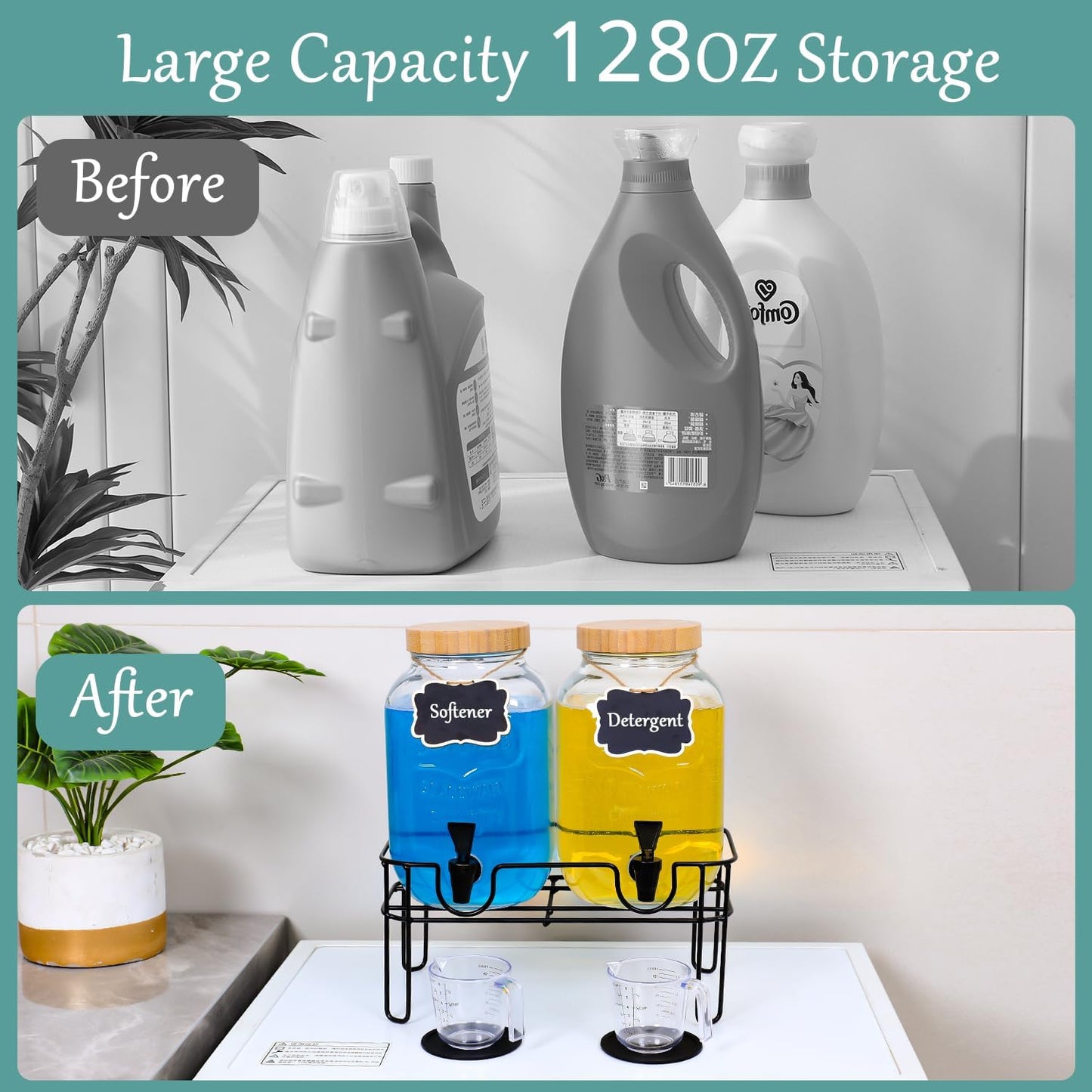 Laundry Detergent Dispenser BY VEGEVIGI, 128OZ Glass Laundry Soap Disepnser Container, Fabric Softener Dispenser, Laundry Room Organization, 2P