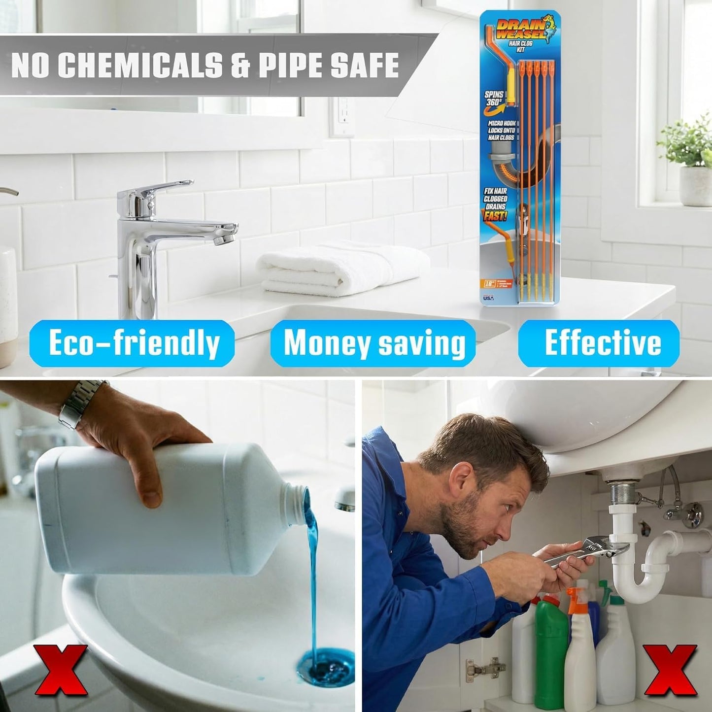 FlexiSnake Drain Weasel Sink Snake Hair Clog Remover Tool Kit, Sink, Pipe, Bathroom, Bathtub Drain Cleaner, 18-inch Long, Flexible, Made in The USA, 3 Pack Wand Refills and Removable Handle