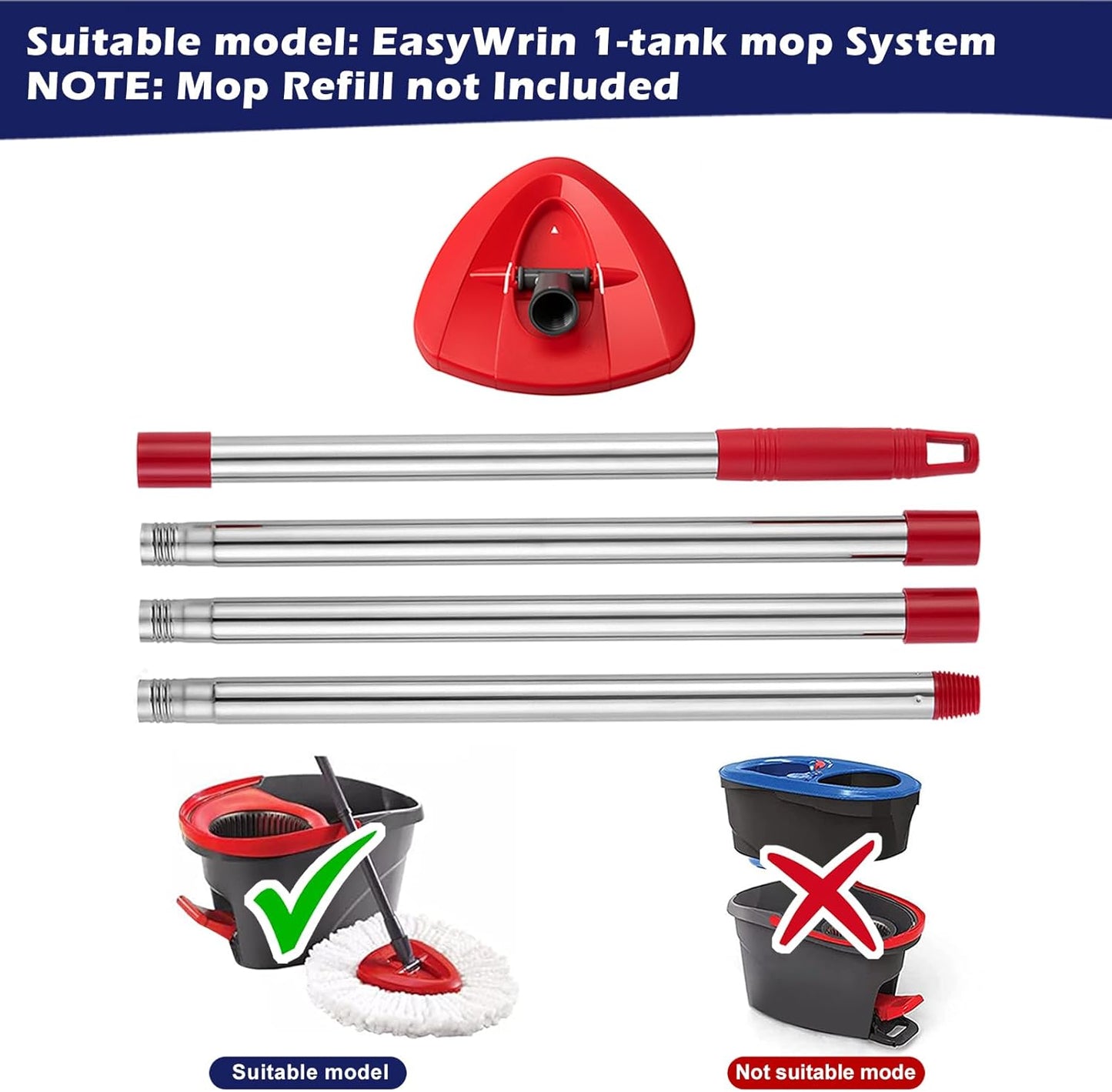 Mop Handle Compatible with O-Cedar EasyWring Spin System, Spin Mop Replacement Handle & Base, 4-Section Stainless Steel Mop Stick Pole & Base