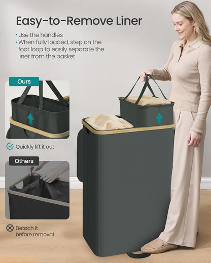 SONGMICS Laundry Hamper, Laundry Sorter with Lid, Storage Basket Bin, Removable Liners, Bamboo Frame, for Bedroom, 3 Sections, 44.9 Gal. (170 L), Ink Black ULCB533BH01