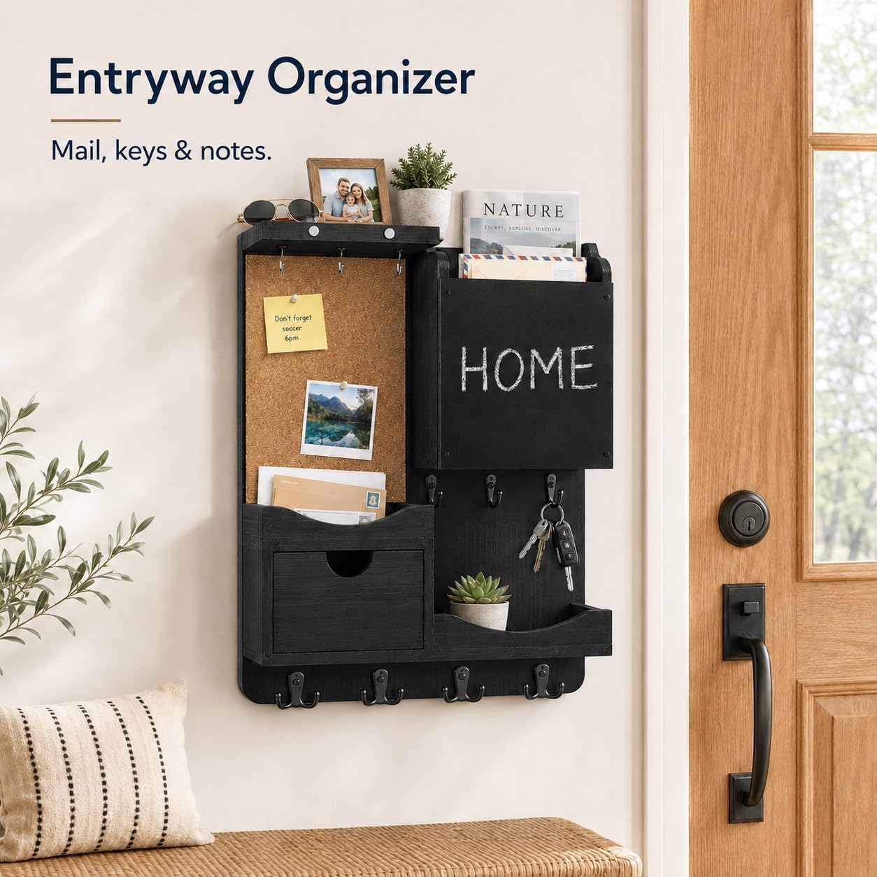 Key Holder for Wall Mount with Shelf and Mail Organizer, Key and Mail Holder with 16 Hooks, Farmhouse Entryway Organizer, Home Decor Rack (Pine Wood, Black)