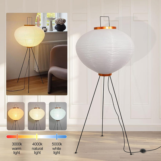 Japanese Paper Floor Lamp,Handmade Body Rice Paper Lantern Floor Lamp,with Chrome Nightstand Desk Lamp,Dimmable LED Rice Paper lamp with Foot Switch White Tall Standing Lamp Home Decor