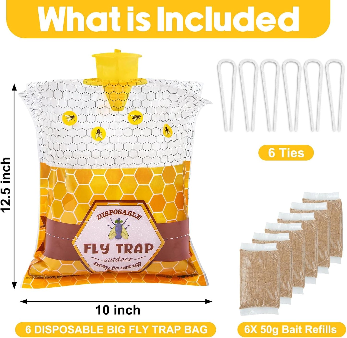 6 Pack Big Fly Traps Outdoor Hanging for Patio, Flies Bags Outdoor Disposable with 50g Bait, Bug Fly Hunter Catcher Killer Control for Barn Horse Ranch Chicken Coop