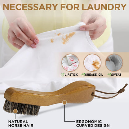 TAKAVU Laundry Stain Brush, Natural Black Boar Bristle, Safe on Delicates | Clothes Cleaning Scrubber, Stain Remover for Shirts, Collars, Cuffs & Shoes, Curved Beech Wood Handle with Hanging Loop
