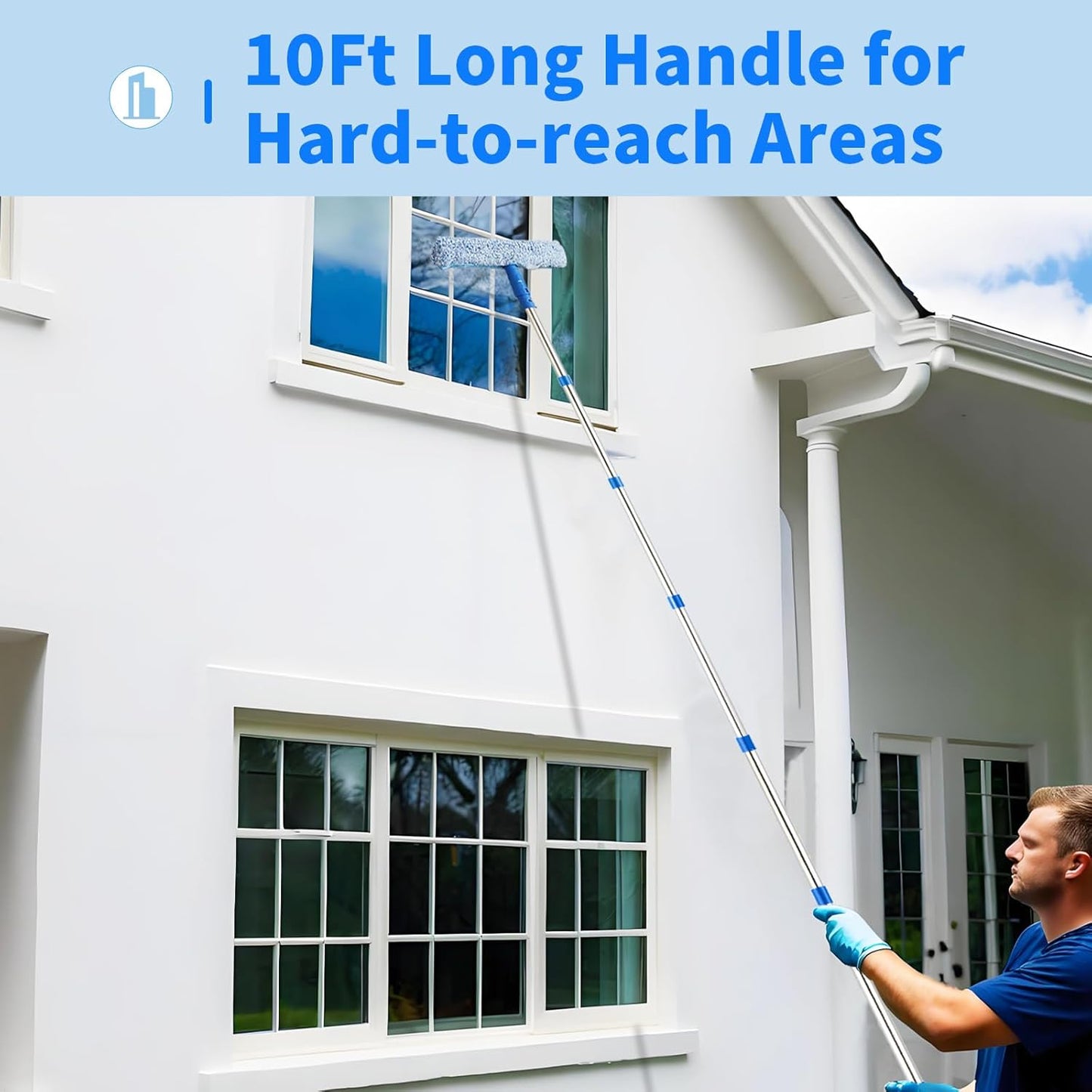 10Ft Window Cleaning Kit with Extension Pole, 14" Squeegee and 15" Scrubber with Long Handle, Window Cleaner Tool Washing Equipment for Outdoor High Windows Glass