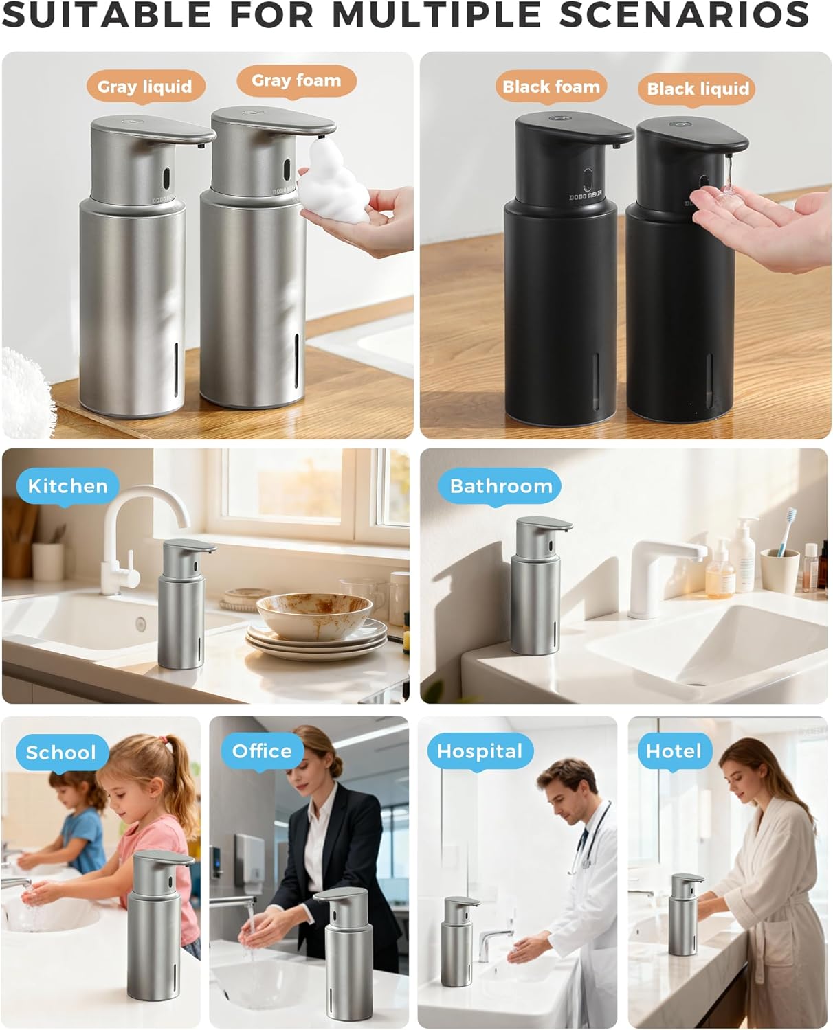 Automatic Liquid Soap Dispenser Touchless, 304 Stainless Steel Bottle Body &16.2oz/480ml Rechargeable, 3 Adjustable Liquid Levels, IPX7 Waterproof, for Kitchen Bathroom, Stainless Steel