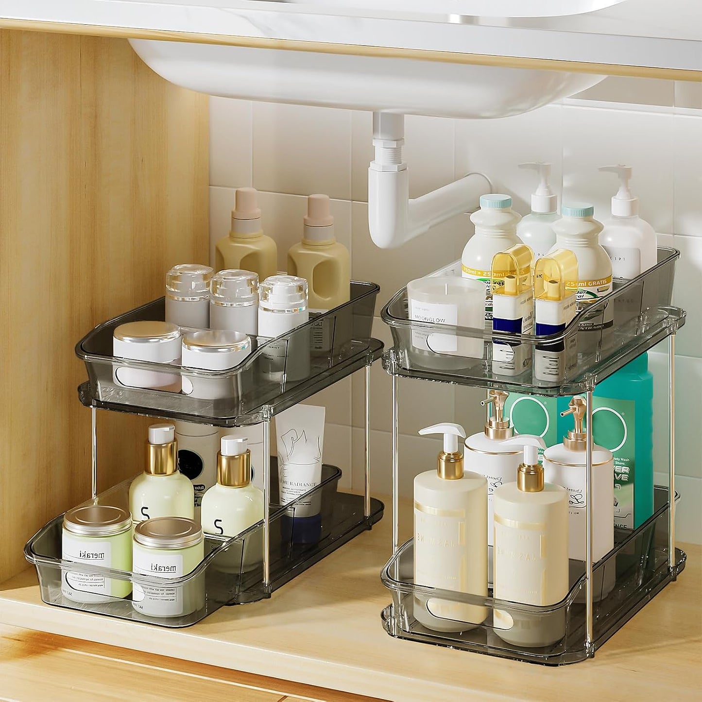 Delamu 2-Tier Under Sink Organizers and Storage, Multi-Purpose Stackable Bathroom Cabinet organizers, Pull Out Kitchen Pantry Organization and Storage with Dividers(2 Pack, Clear)