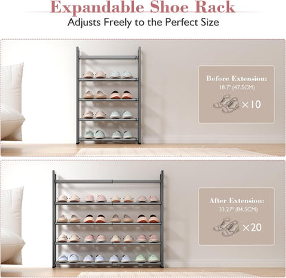 Bumusty 3-Tier Expandable Shoe Rack for Closet, 18“-33” Adjustable Shoe Rack for Small Space, Small Shoe Organizer for Front Door, Sturdy Metal, Black