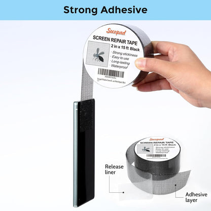 Secopad Black Window Screen Repair Tape, 4 in X 20 FT (240IN) Kit for Windows or Doors, Strong Adhesive Patch Fiberglass Mesh Repair