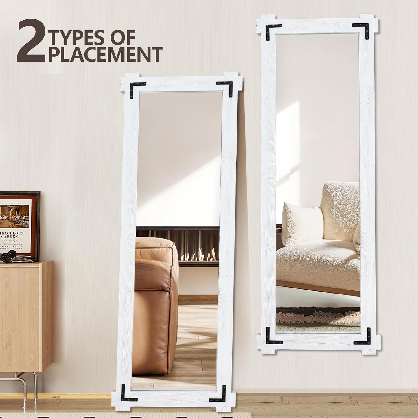 65x24 Inch Full Length Mirror, Pine Frame Full Body Standing Mirror with Metal Decorative, Black