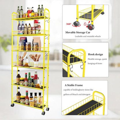 10in 6-Tier Slim Storage Cart with Wheels, Metal 10in Wide Black Narrow Rolling Shelf, Sturdy Slim Storage with Hooks Ideal for Kitchen, Bathroom, and Laundry Room