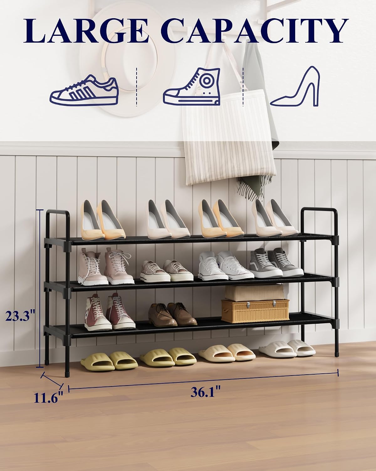 Kitsure Shoe Rack, 39" Wide Extra-Long Shoe Organizer, 3-Tier, Black | Closet, Front Door Entrance, Entryway, Stackable & Detachable Shelf, Closet Organizers and Storage