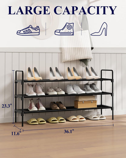 Kitsure Shoe Rack, 39" Wide Extra-Long Shoe Organizer, 3-Tier, Black | Closet, Front Door Entrance, Entryway, Stackable & Detachable Shelf, Closet Organizers and Storage