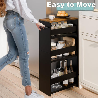 MARTY Slim Rolling Storage Cart 4-Tier Kitchen Cart with Wheels, Laundry Room Storage with Handle Slide Out Utility Cart Shelving Unit Organizer Trolley for Narrow Places Bathroom Small Corner, Black