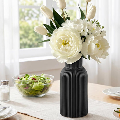 White Ceramic Flower Vases Set of 3, Modern Matte Vertical Ribbed, Nordic Minimalist Decor for Pampas, Dried & Fresh Flowers, Centerpiece for Living Room, Shelf, Entryway, Wedding,Office