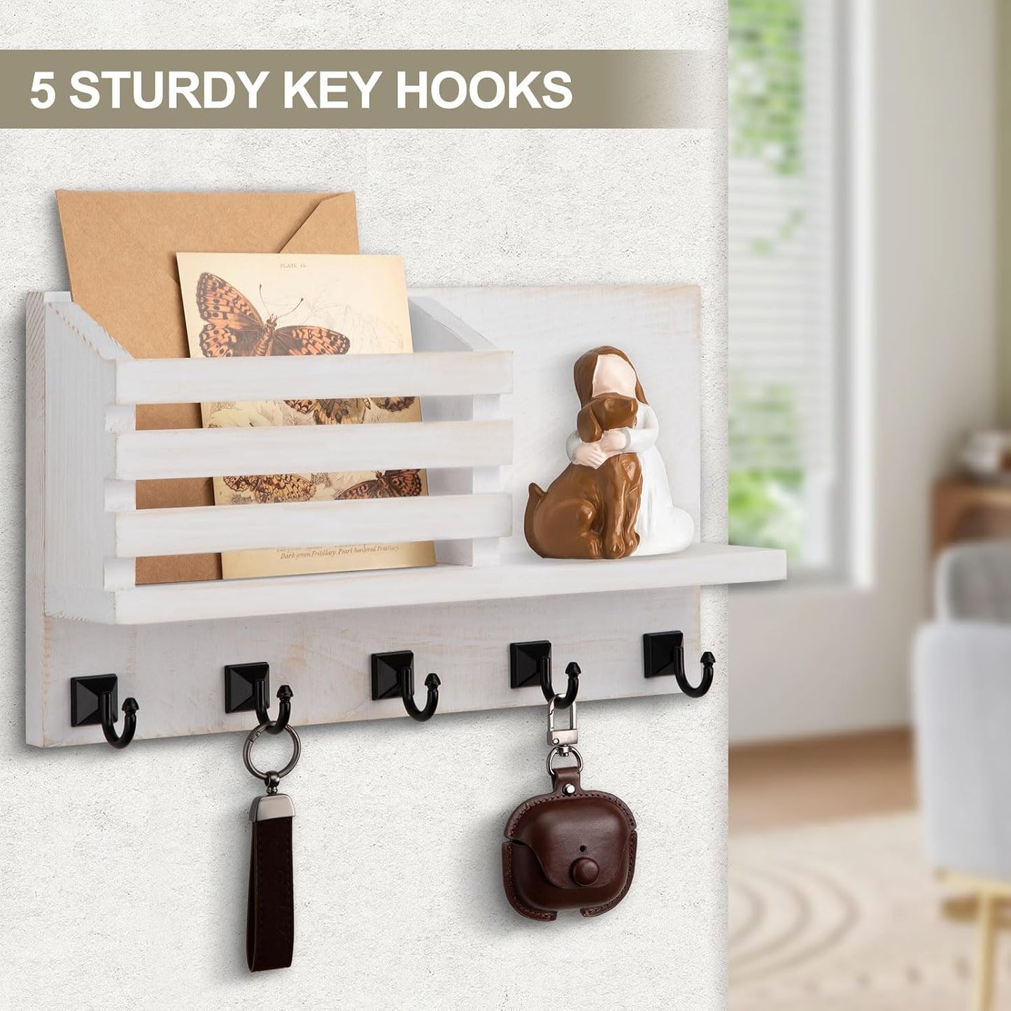 Key Holder Wall Mount, Mail Organizer for Wall with 5 Square Rustic Key Hooks Key Shelf Farmhouse Home Decor for Entryway