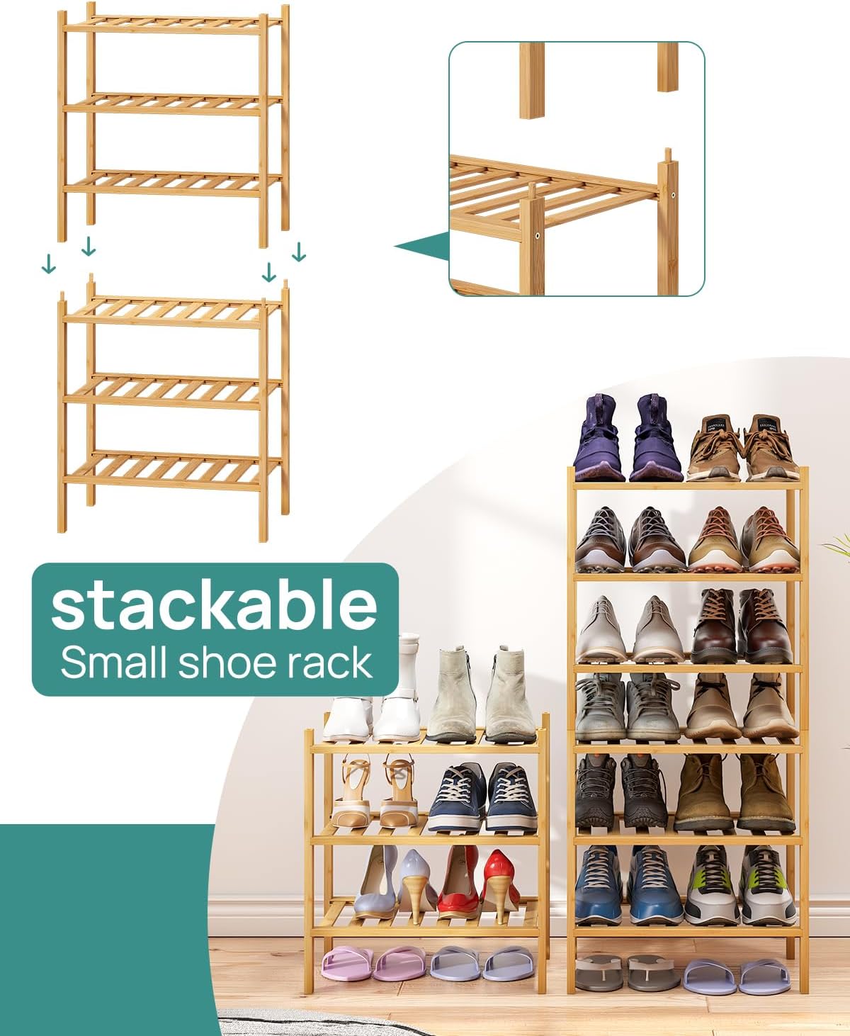 viewcare 3-Tier Black Bamboo Shoe Rack for Entryway, Stackable | Foldable | Natural, Shoe Shelf Storage Organizer for Hallway Closet, Free Standing Shoe Racks for Indoor Outdoor
