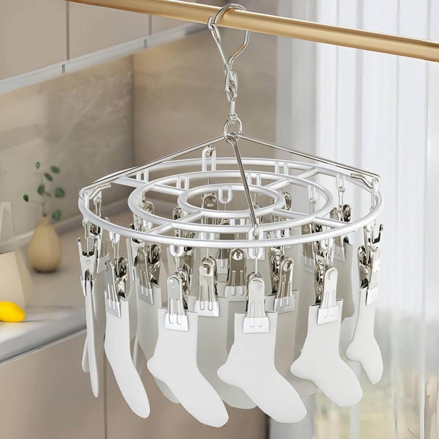 Drying Rack for Sock, Stainless Steel Sock Drying Rack with 24 Clips, Swivel Hook Windproof Hanger for Sock, Bras, Towel, Underwear, Laundry, Hat, Scarf, Pants, Gloves(Pink)
