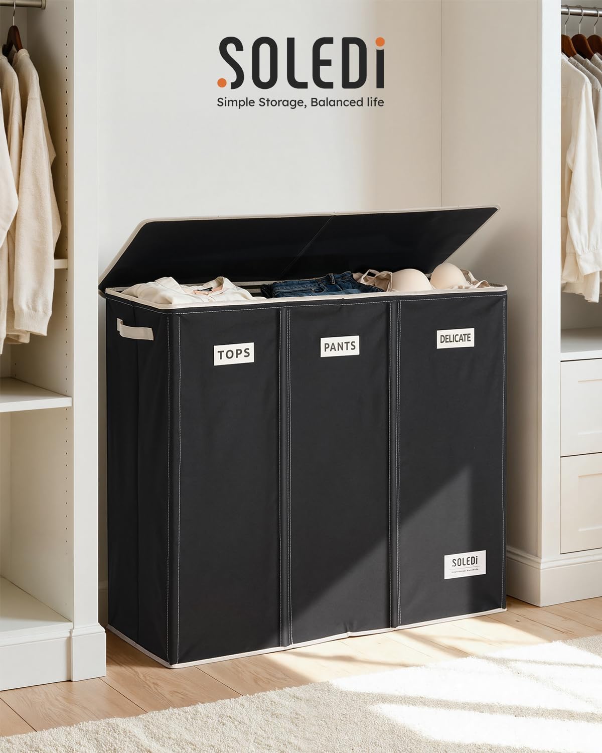 SOLEDI 180L Laundry Hamper 3 Section, Extra Large Laundry Hamper with Lid, Dirty Clothes Hamper with Sturdy Handle, Large Laundry Basket Organizer for Laundry Room, Bedroom, Hampers for Laundry