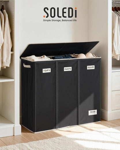 SOLEDI 180L Laundry Hamper 3 Section, Extra Large Laundry Hamper with Lid, Dirty Clothes Hamper with Sturdy Handle, Large Laundry Basket Organizer for Laundry Room, Bedroom, Hampers for Laundry