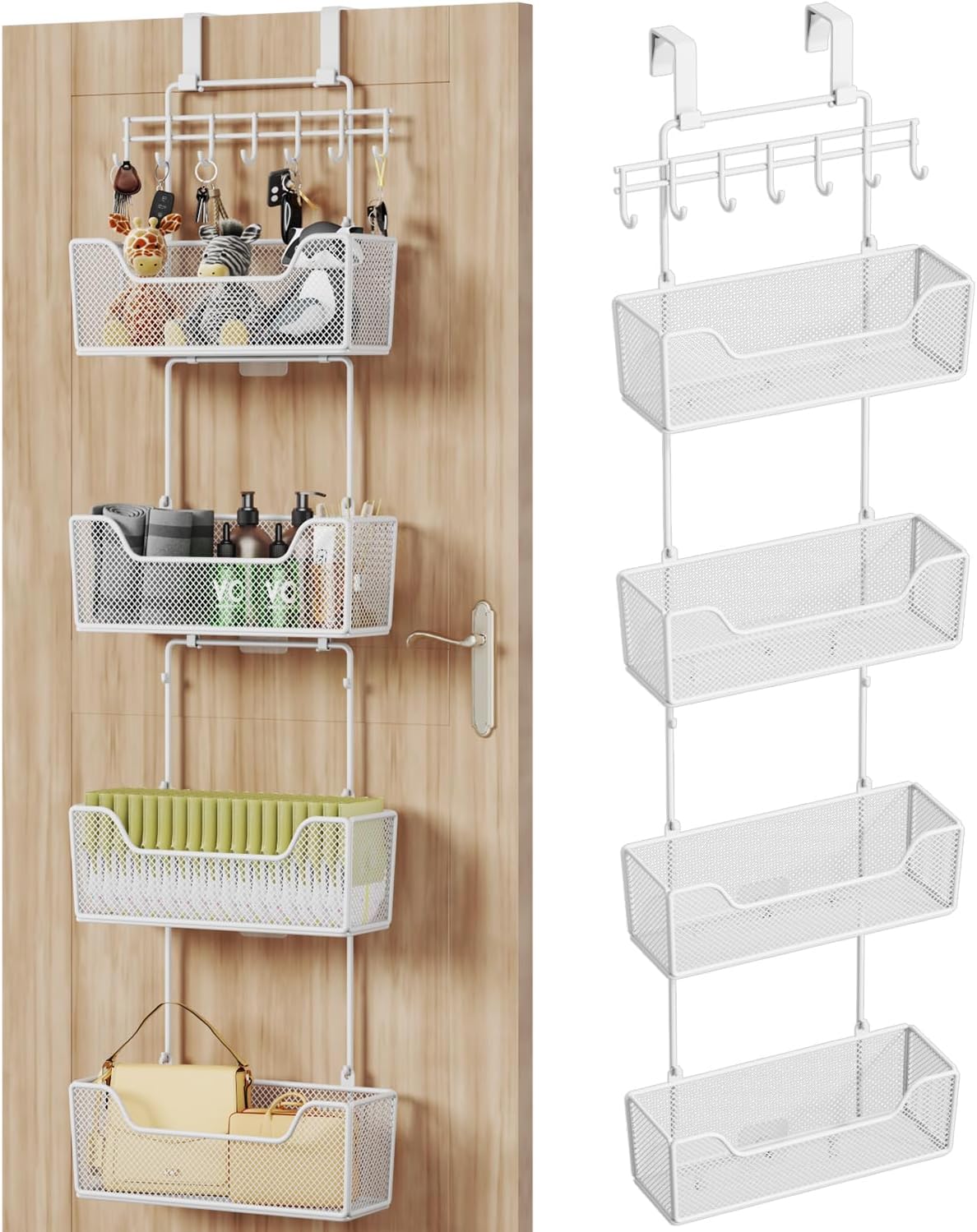 HapiRm Over The Door Organizer - Hanging Door Organizer with 4 Metal Large Capacity Baskets and Adjustable Coat Hook for Bathroom Bedroom Kitchen Pantry Closet Cabinet