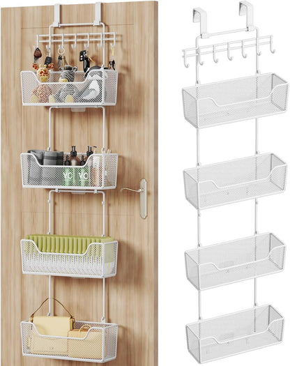 HapiRm Over The Door Organizer - Hanging Door Organizer with 4 Metal Large Capacity Baskets and Adjustable Coat Hook for Bathroom Bedroom Kitchen Pantry Closet Cabinet