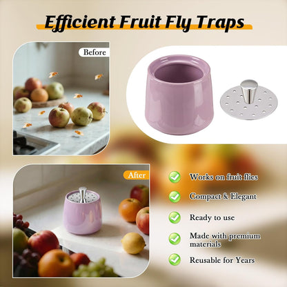Ceramic Fruit Fly Trap for Indoors, Reusable Kitchen Fly Catcher with Stainless Steel Vent Lid, Uses Safe & Natural Vinegar Bait Trap, Dishwasher Safe, Easy to Use (White,1 Pack)