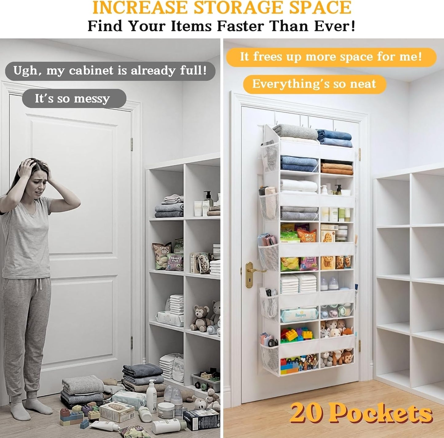 Over The Door Organizer, 5-Tier Extra Large Behind Door Storage with 10 Big Front & 10 Mesh Pockets, 80lb Capacity, Hanging Storage Organizer with Clear Window Kids Toys, Shoes, Diapers, Light Grey