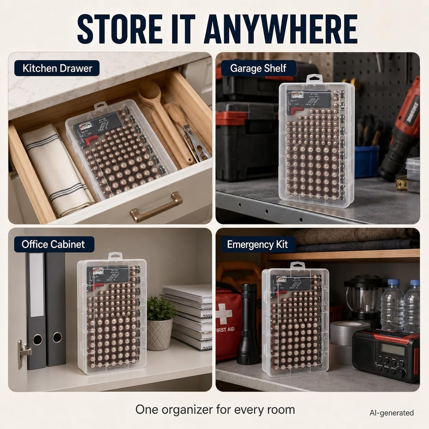 Xuerdon Battery Organizer Case with BT168 Tester 120+ Batteries Storage Box | Clear Plastic Battery Box Holds 49AA 51AAA 10CR2032 10CR1632 Batteries, Wall Mount Drawer Organizer Batteries not Included