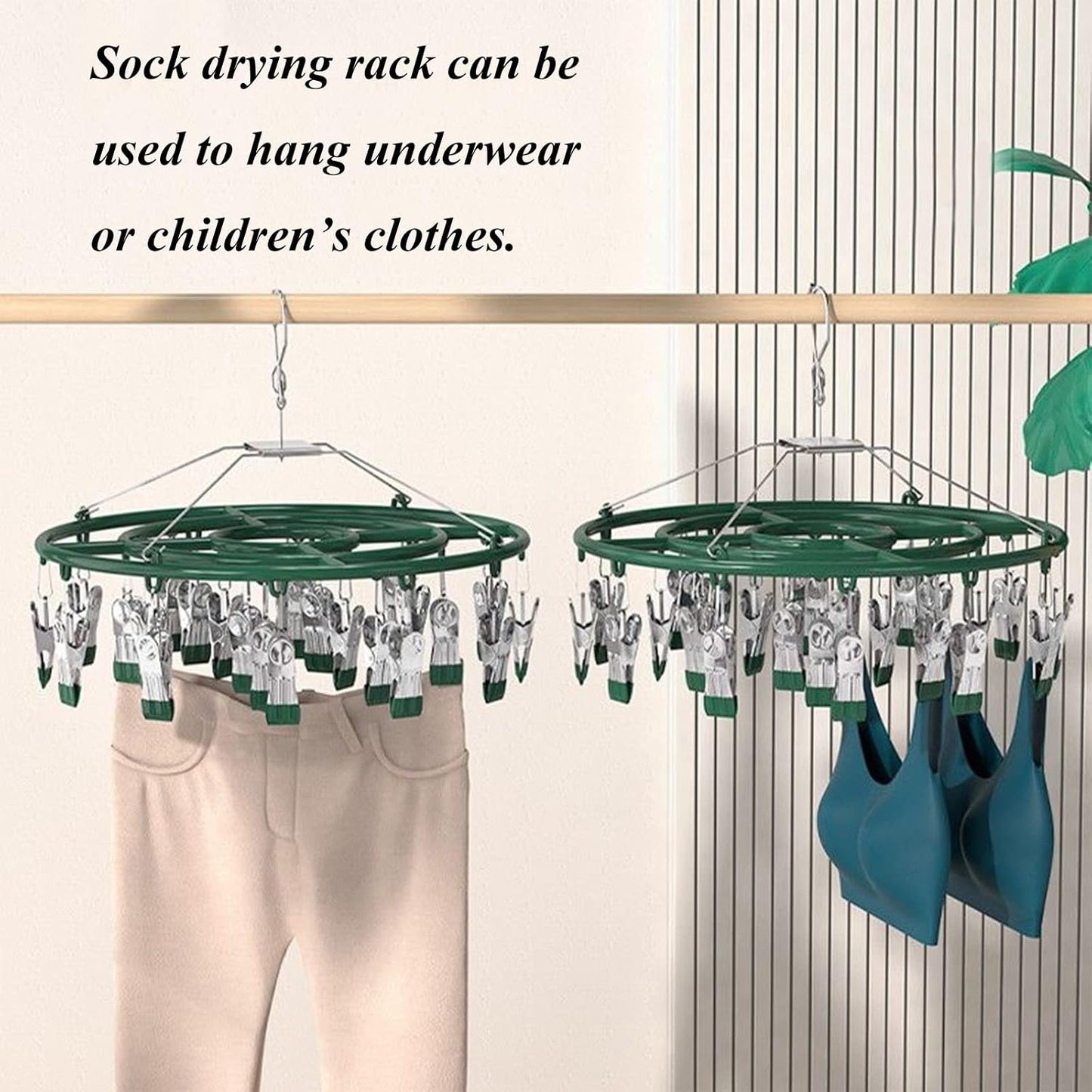 Stainless Steel Clothes Sock Drying Rack with 24 Clips, Swivel Hook Windproof Clothes Hanger Rack for Sock, Bras, Towel, Underwear, Laundry Clothes, Hat, Scarf, Pants, Gloves (Pink Clips)