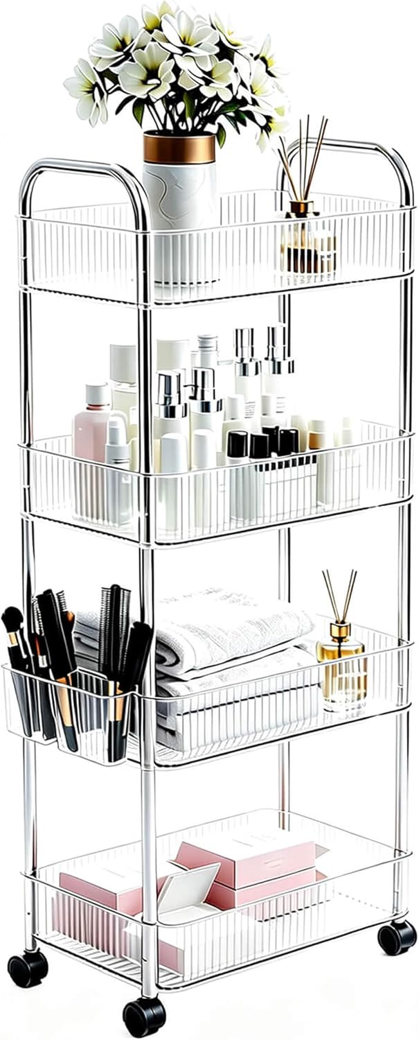 4-Tier Plastic Rolling Utility Cart with Wheels, Multifunctional Storage Organizer Cart for Home, Office, Kitchen & Bathroom, Ultra Narrow & Clear, 4.7”W * 12.8”L * 33”H