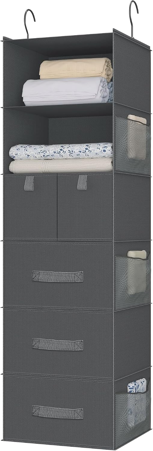 6-Shelf Hanging Closet Organizer with 5 Drawers, Non-Woven Storage, Black | Spacious compartments sort clothes & undergarments; foldable drawers add hidden storage for closets, wardrobes or RVs.
