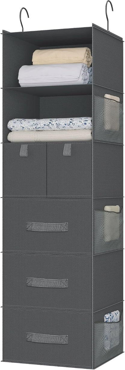 6-Shelf Hanging Closet Organizer with 5 Drawers, Non-Woven Storage, Black | Spacious compartments sort clothes & undergarments; foldable drawers add hidden storage for closets, wardrobes or RVs.