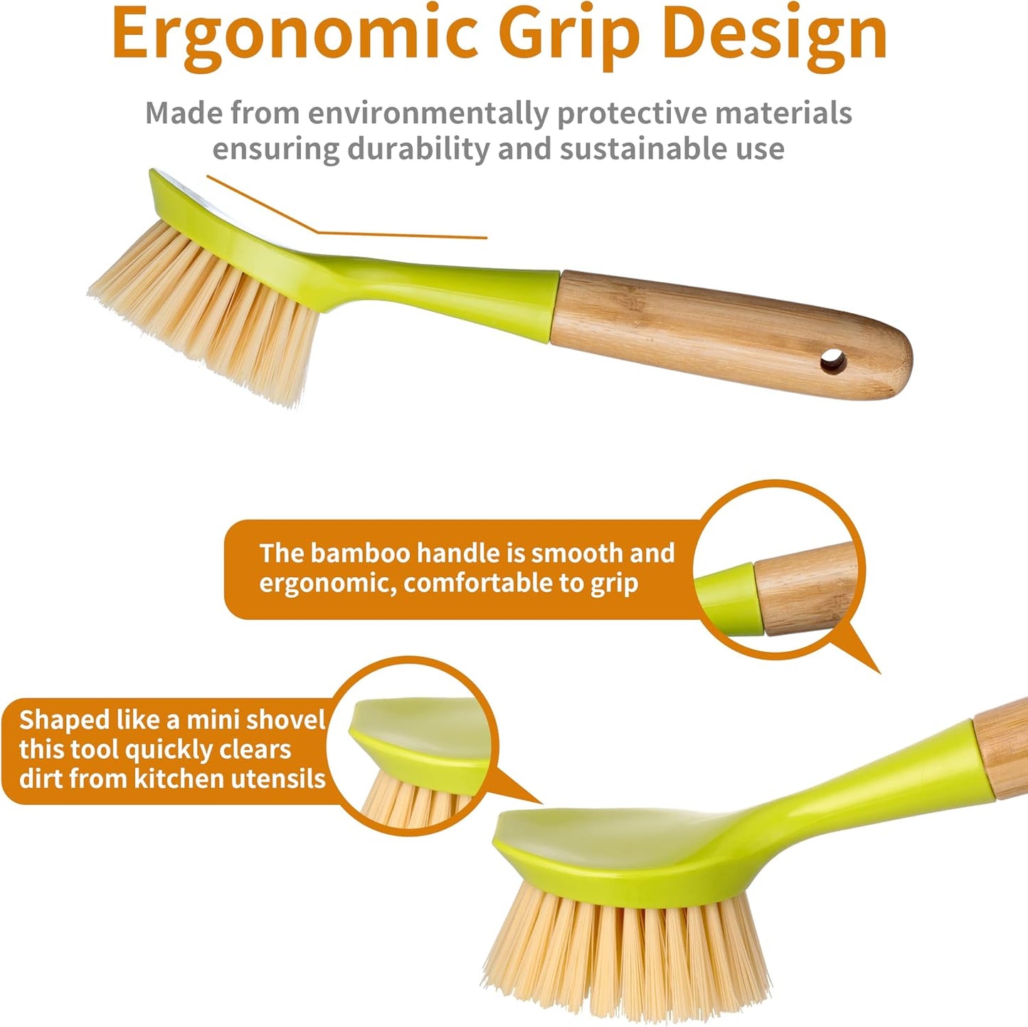 2 Pack Kitchen Dish Brush Bamboo Handle Dish Scrubber Built-in Scraper, Scrub Brush for Pans, Pots, Kitchen Sink Cleaning, Dishwashing and Cleaning Brushes are Perfect Cleaning Tools, White
