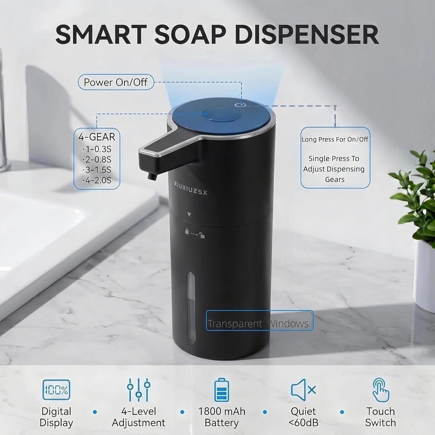Automatic Foaming Soap Dispenser Touchless Upgrade Pump Uneasy Plugging Wall Mounted USB Rechargeable, 4-Level Adjustable 13.52oz Modern Electric Hand Soap Dispenser Kitchen Bathroom Kids Family White