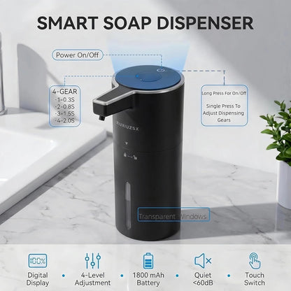 Automatic Foaming Soap Dispenser Touchless Upgrade Pump Uneasy Plugging Wall Mounted USB Rechargeable, 4-Level Adjustable 13.52oz Modern Electric Hand Soap Dispenser Kitchen Bathroom Kids Family White