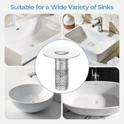 2 Pack Pop Up Bathroom Sink Drain Stoppers, Removable Sink Drain Strainer Stopper Hair Catcher with Stainless Steel Anti-Clog Filter Basket for Sinks and Drains 1.06-1.5 Inch