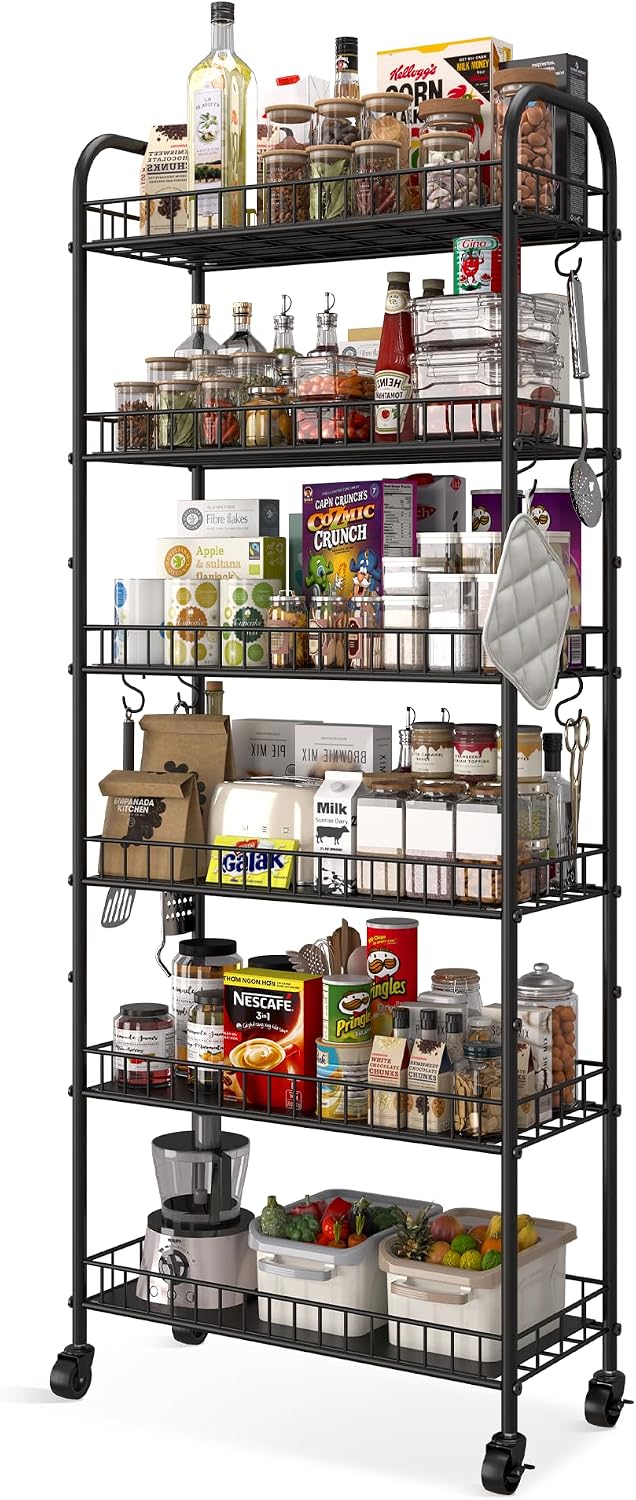 Slim Rolling Storage Cart with Wheels, Metal 6 Tier Spice Rack Mobile Shelving Unit Organizer Kitchen Utility Cart for Office Bathroom Kitchen Laundry Room Narrow Places (6inches)
