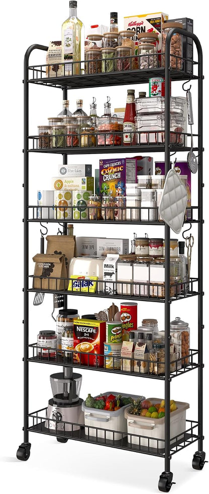 Slim Rolling Storage Cart with Wheels, Metal 6 Tier Spice Rack Mobile Shelving Unit Organizer Kitchen Utility Cart for Office Bathroom Kitchen Laundry Room Narrow Places (6inches)