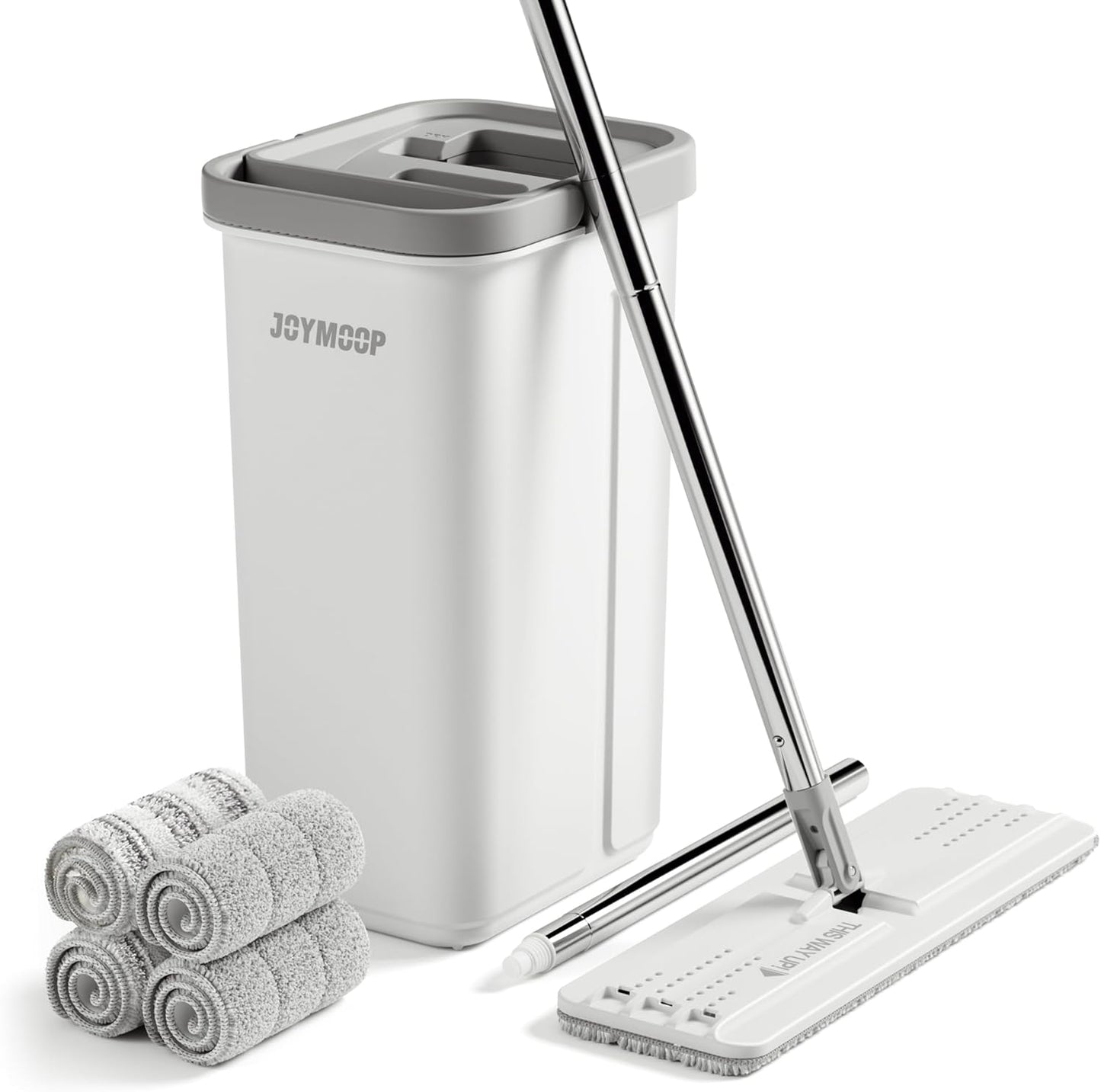 JOYMOOP Mop and Bucket with Wringer Set, Hands Free Flat Floor Mop and Bucket, 60" Mop with 3 Reusable Microfiber Pads, Wet and Dry Use, Floor Cleaning System