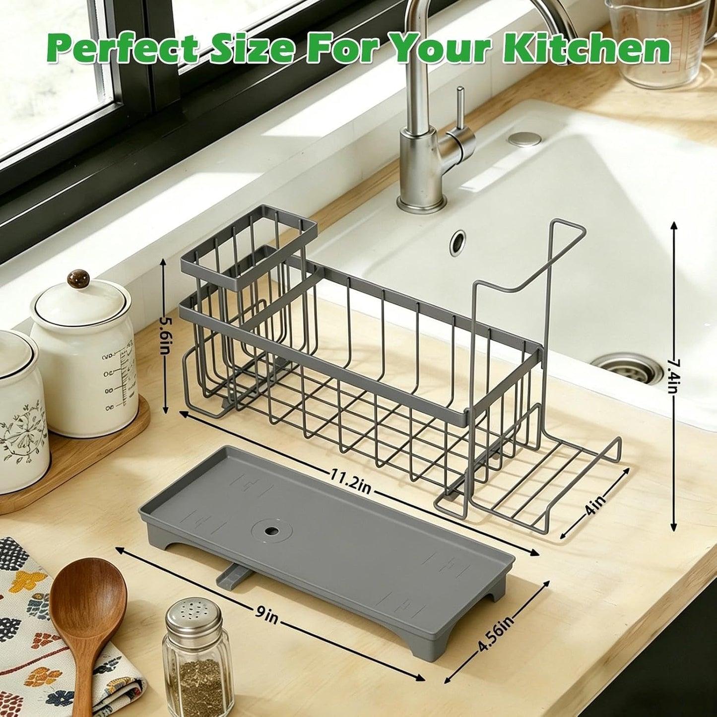 Sponge Holder for Kitchen Sink, Sink Caddy Organizer with Detachable Cloth & Brush Holder, Self-Draining Sponge Caddy Organizer with 360° Rotatable Spout, Kitchen Countertop Storage Accessories(Black)
