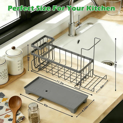 Sponge Holder for Kitchen Sink, Sink Caddy Organizer with Detachable Cloth & Brush Holder, Self-Draining Sponge Caddy Organizer with 360° Rotatable Spout, Kitchen Countertop Storage Accessories(Black)