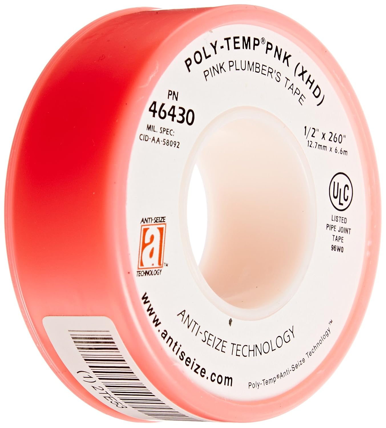 ANTI-SEIZE TECHNOLOGY 46430 Pink PTFE Poly-Temp PNK Extra Heavy Duty Plumber's Tape, 260" Length, 0.5" Width (Pack of 5)