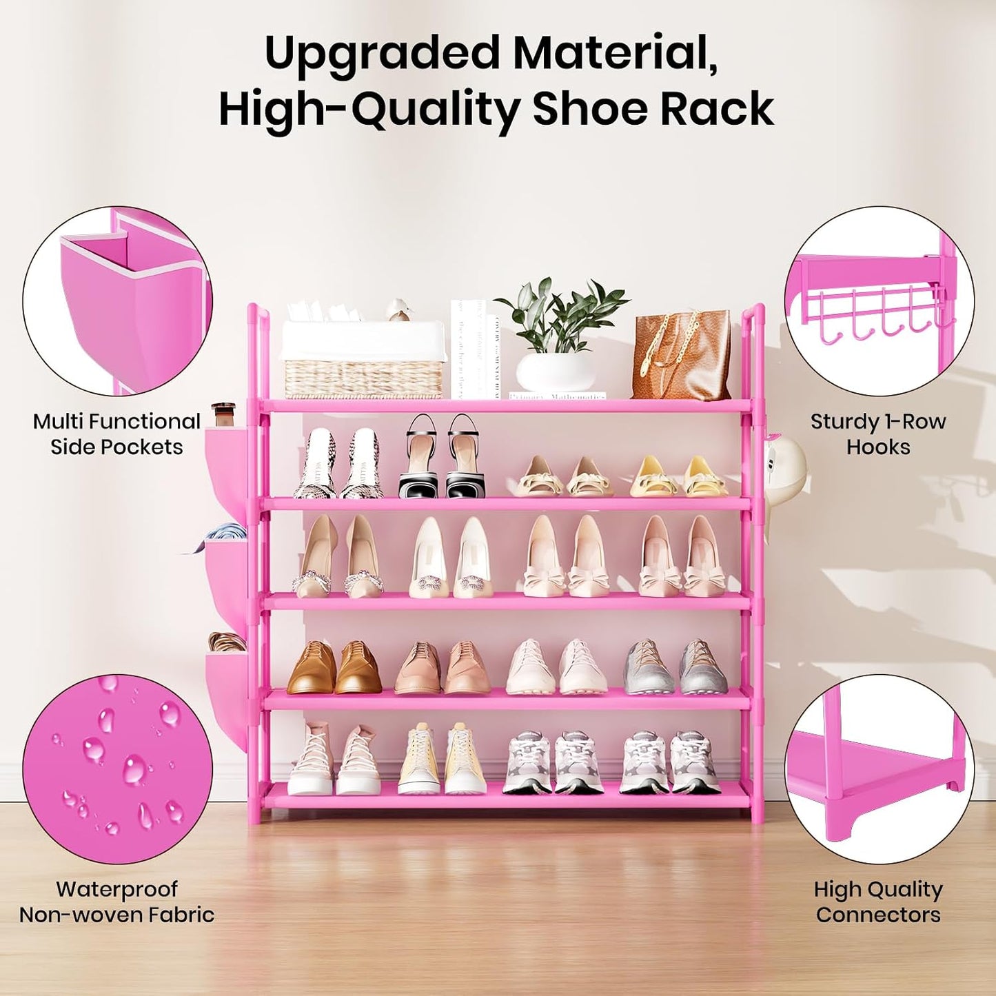 VILICK 5 Tier Shoe Rack with Hook and Side Pocket,Shoe Organizer Space Saver Storage for 20-25 Pair Shoe Storage Shelf Sturdy Free Standing Long Shoe Rack Organizer for Closet,Entryway,Small Spaces